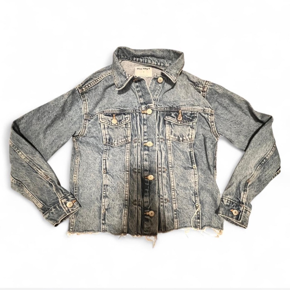 Old Navy Womens Distressed Denim Jacket with frayed bottom hem